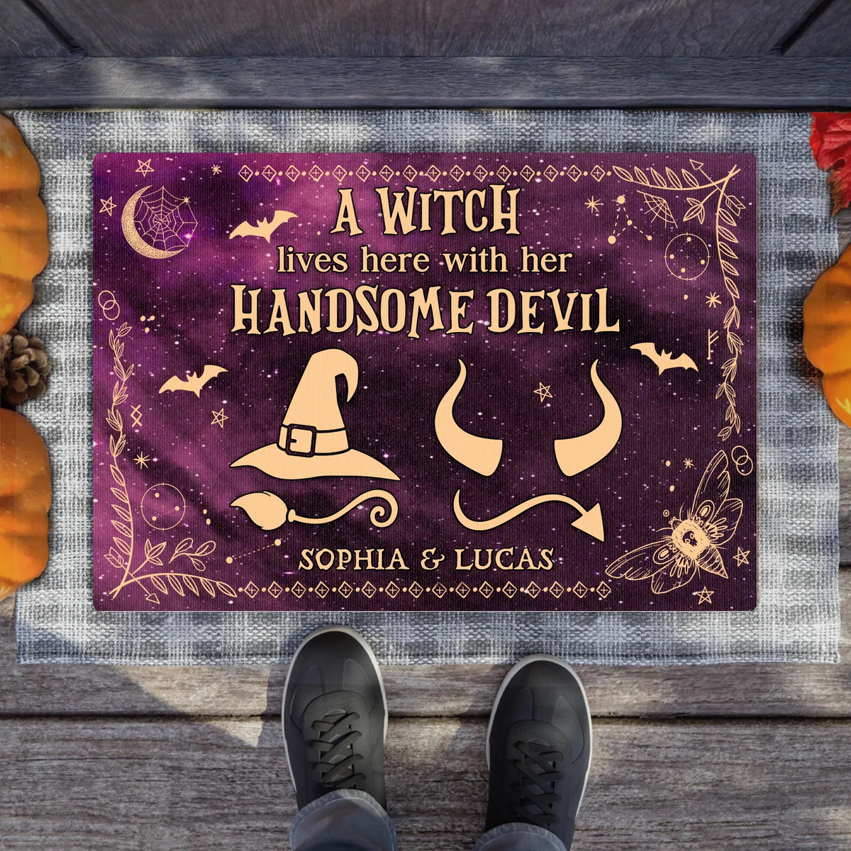 Personalized Witch & Devil Doormat - Gift Idea For Couple - A Witch Lives Here With Her Handsome Devil