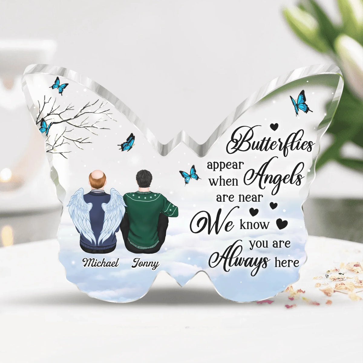 Personalized Memorial Family Acrylic Plaque - Up to 5 People - Memorial Gift Idea For Christmas/Family - Butterflies Appear When Angels Are Near