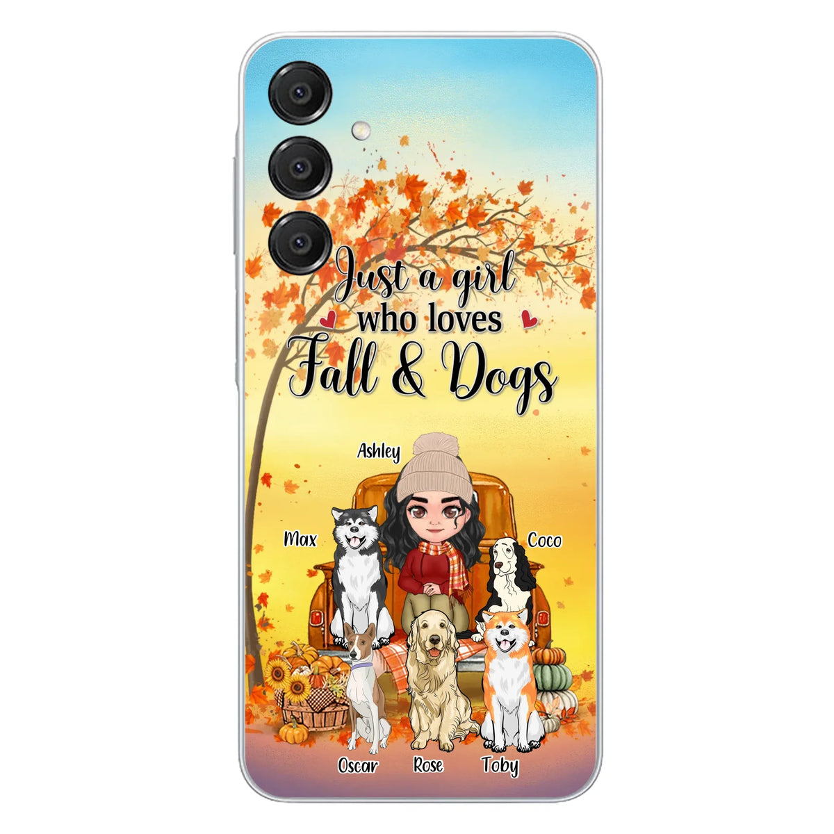 Custom Personalized Dog Mom Fall Season Phone Case - Autumn Gift Idea For Dog Owners - Upto 5 Dogs - Case For iPhone/Samsung - Just A Girl Who Loves Fall & Dogs