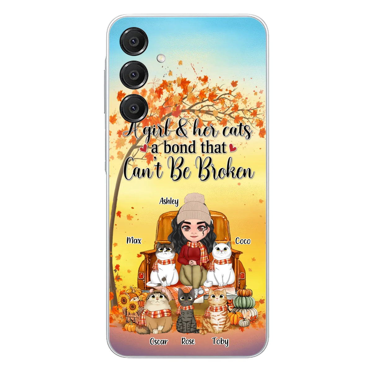 Custom Personalized Cat Mom Fall Season Phone Case - Gift Idea For Cat Owners - Upto 5 Cats - Case For iPhone/Samsung - A Girl & Her Cats A Bond That Can't Be Broken