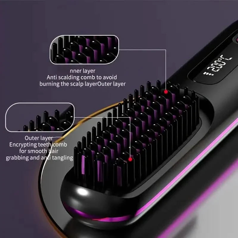 Portable Wireless Hair Straightener Comb – USB Rechargeable, 3-Speed, Negative Ion