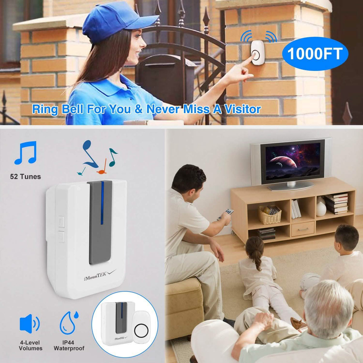 Wireless Doorbell Rings 1000FT with 1 Plug Receiver Chimes
