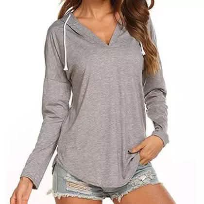 Women Modern Deep V Neck Solid Drawstring Loose Sweatshirt Basic Tunic