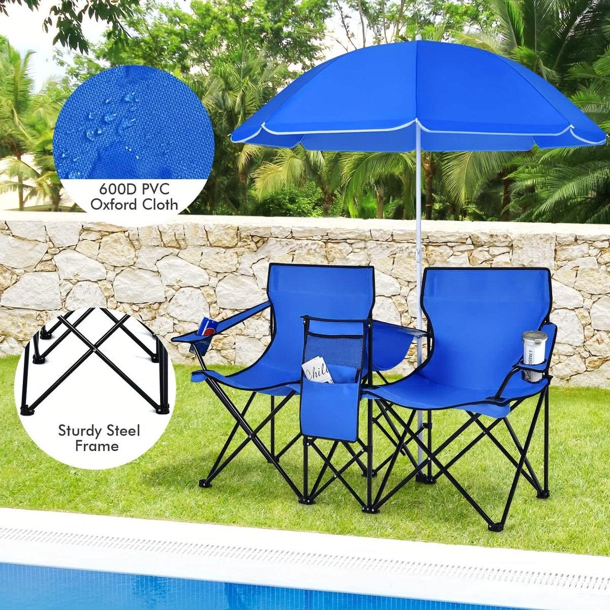 Folding Double Camping Chair with Umbrella (Blue)