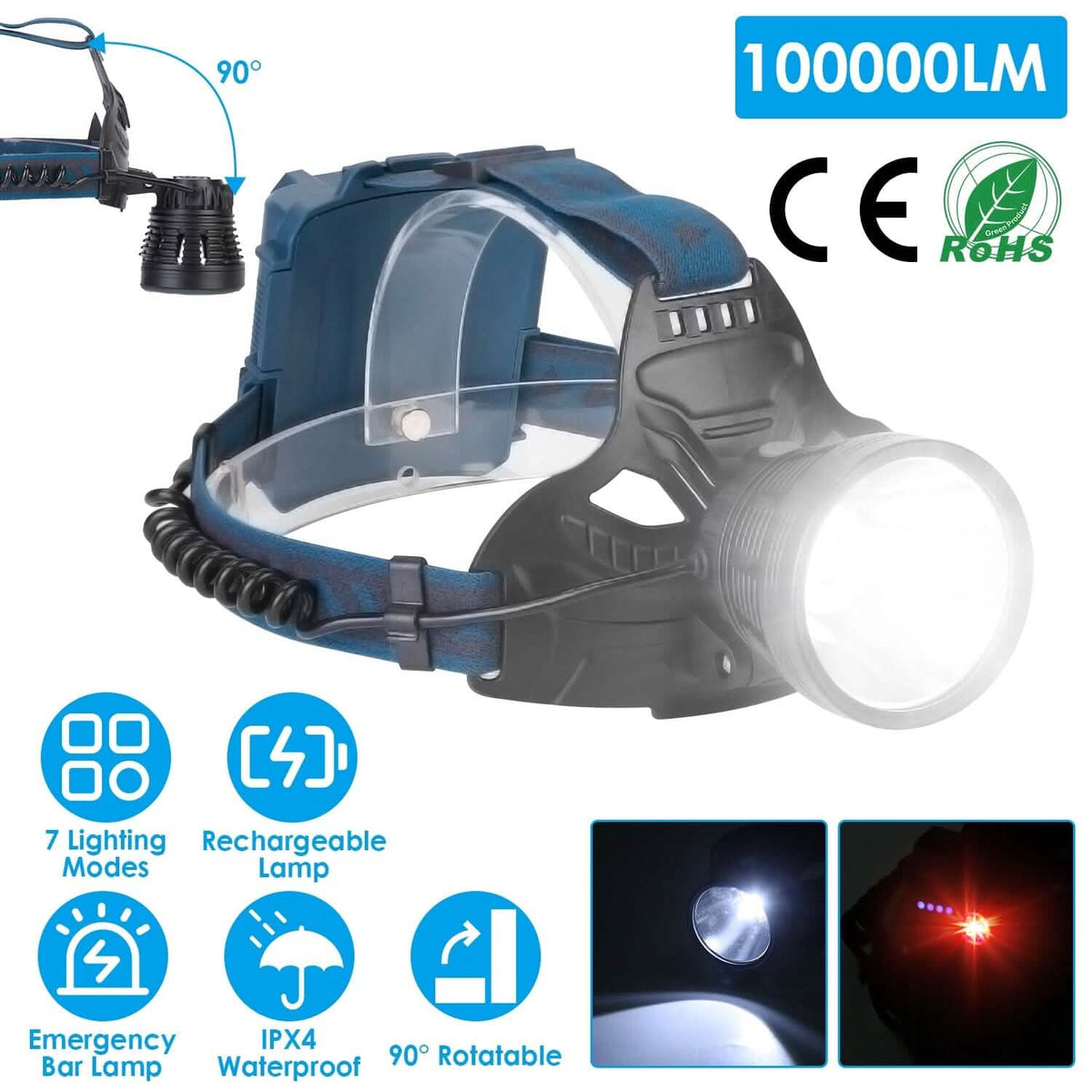 100000LM LED 7 Lighting  Modes Rechargeable Headlights