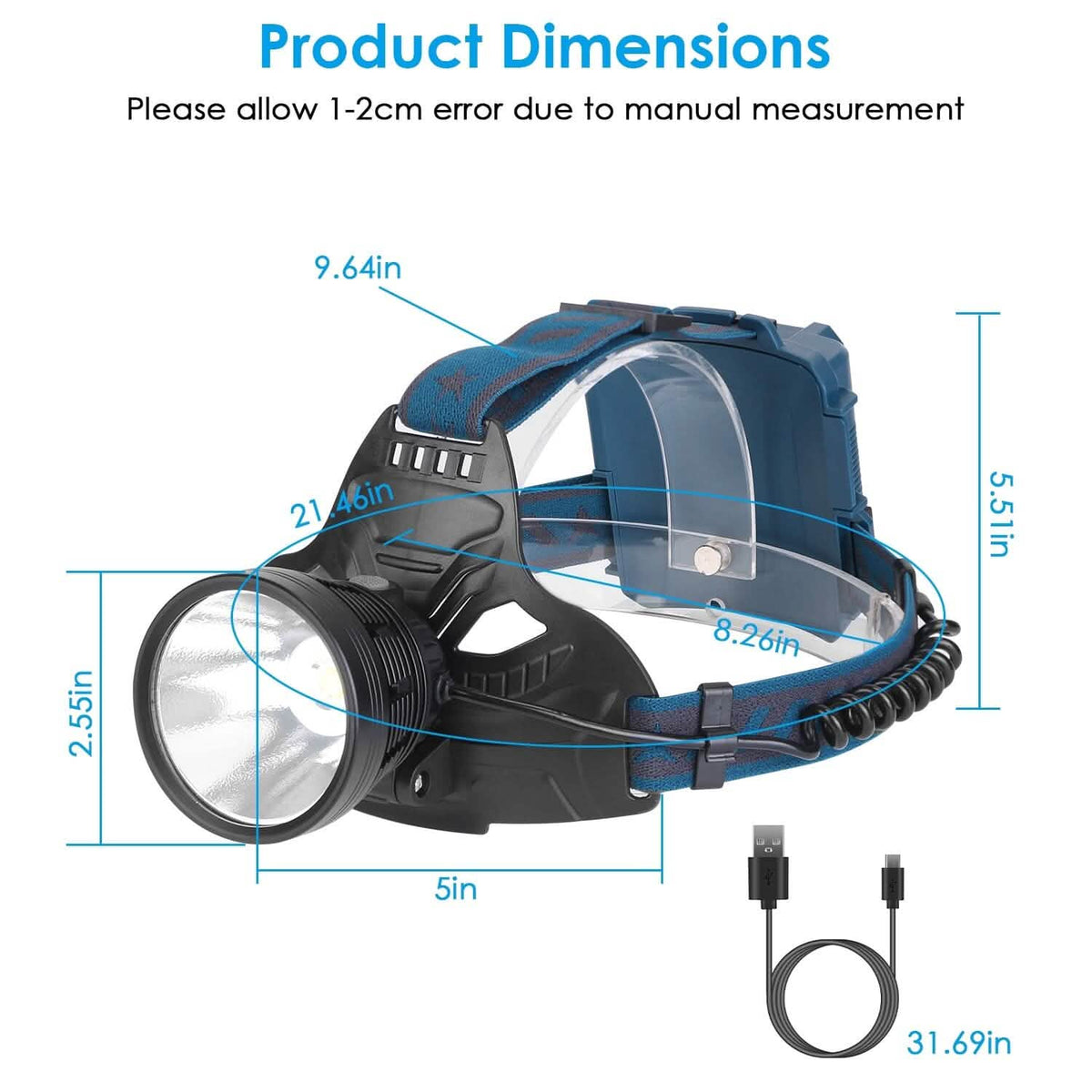 100000LM LED 7 Lighting  Modes Rechargeable Headlights