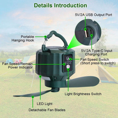 10400mAh USB Battery Powered Hanging Tent Lantern Fan Power Bank