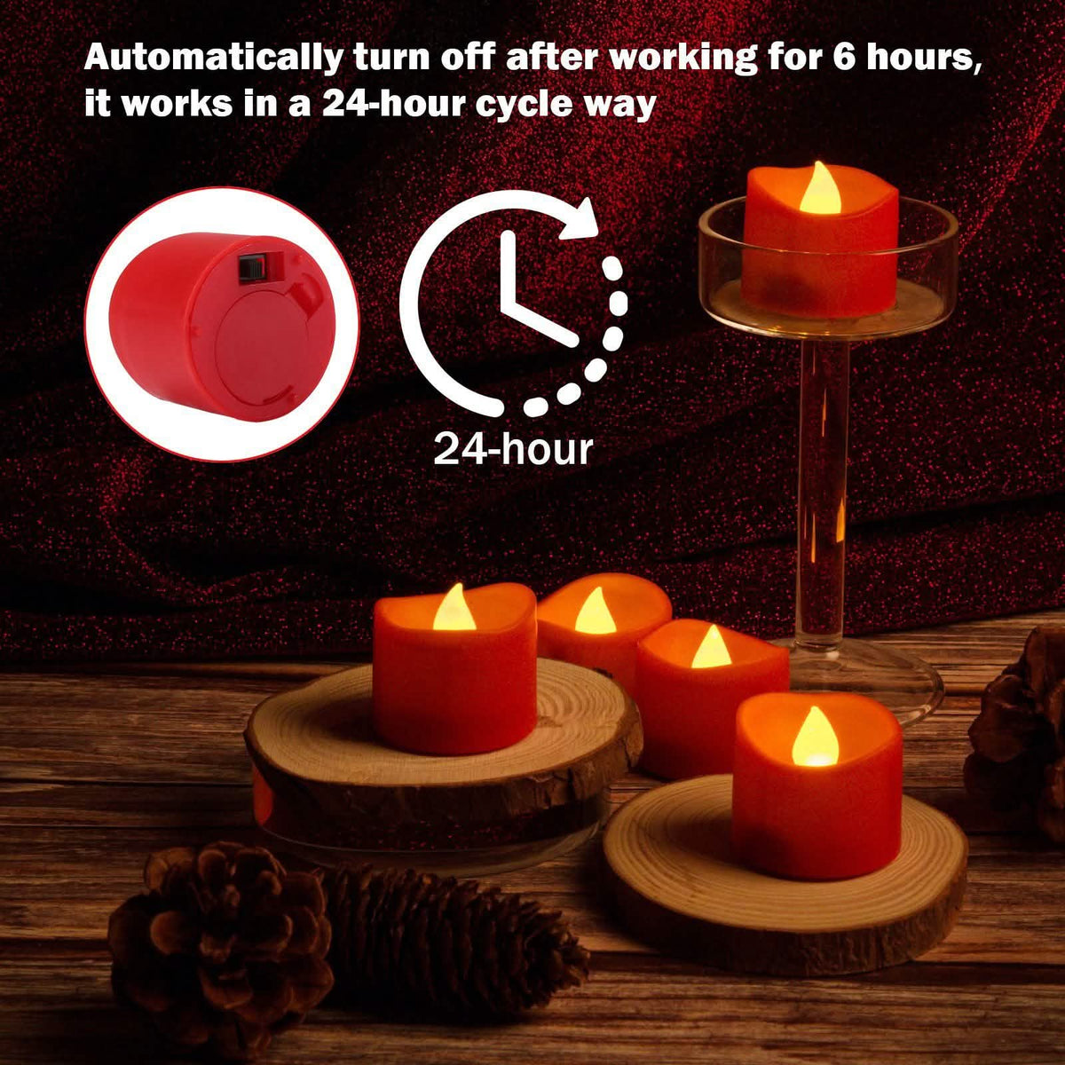 12-Pieces: Amber Yellow LED Tealight Flameless Candles with Timer