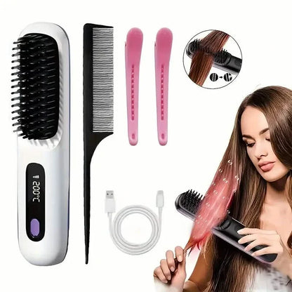 Portable Wireless Hair Straightener Comb – USB Rechargeable, 3-Speed, Negative Ion