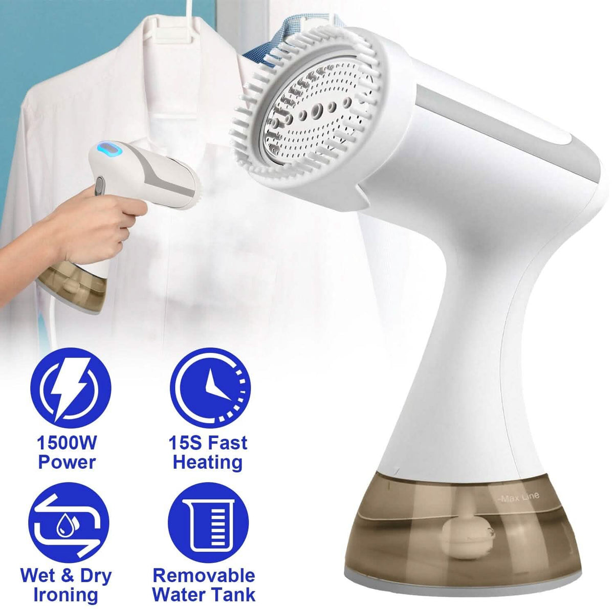 1500W Garment Steamer Portable Handheld Fabric Steamer with Lint Brush Removable 350ml Water Tank
