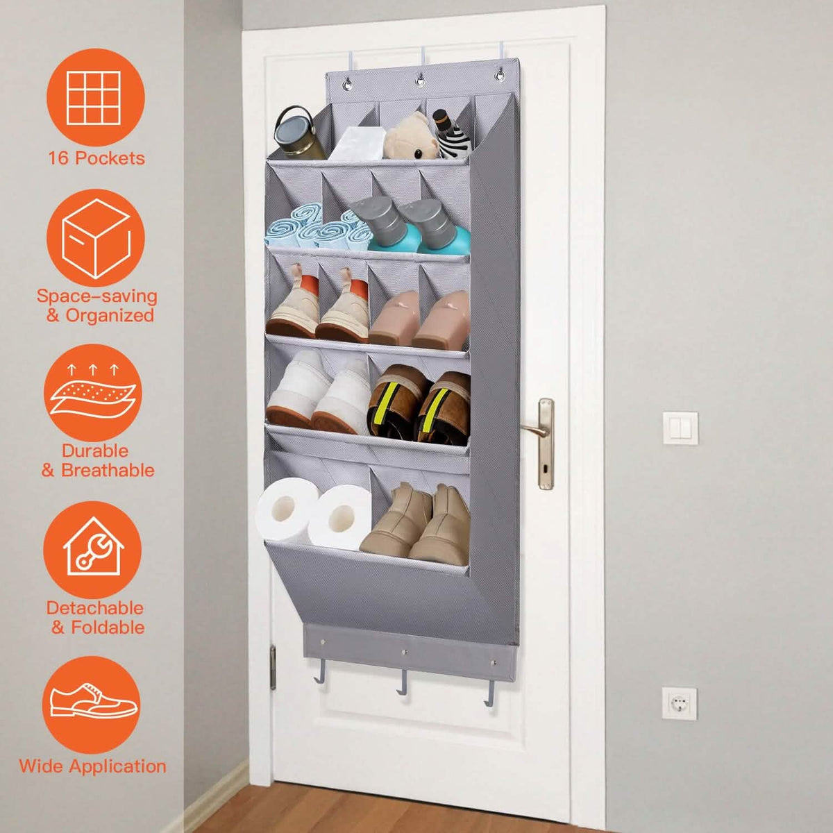 16 Pockets Over The Door Shoe Organizer 5 Tier with 6 Hooks