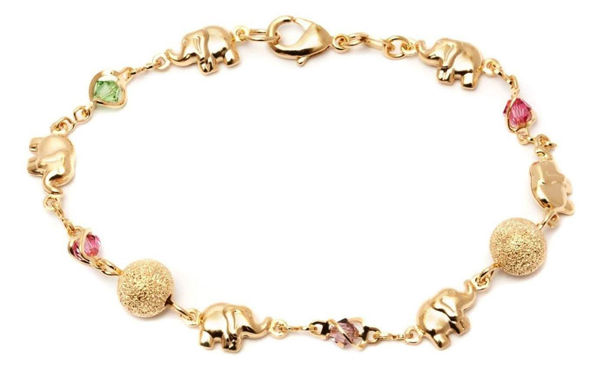 18K Gold Plated Ball and Rainbow Crystal Elephant Anklet