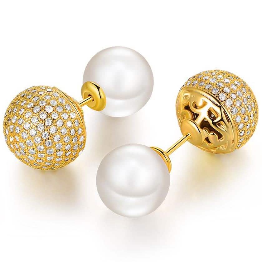 18K Gold Plated Pearl and Swarovski Crystal Ball Front-Back Earrings