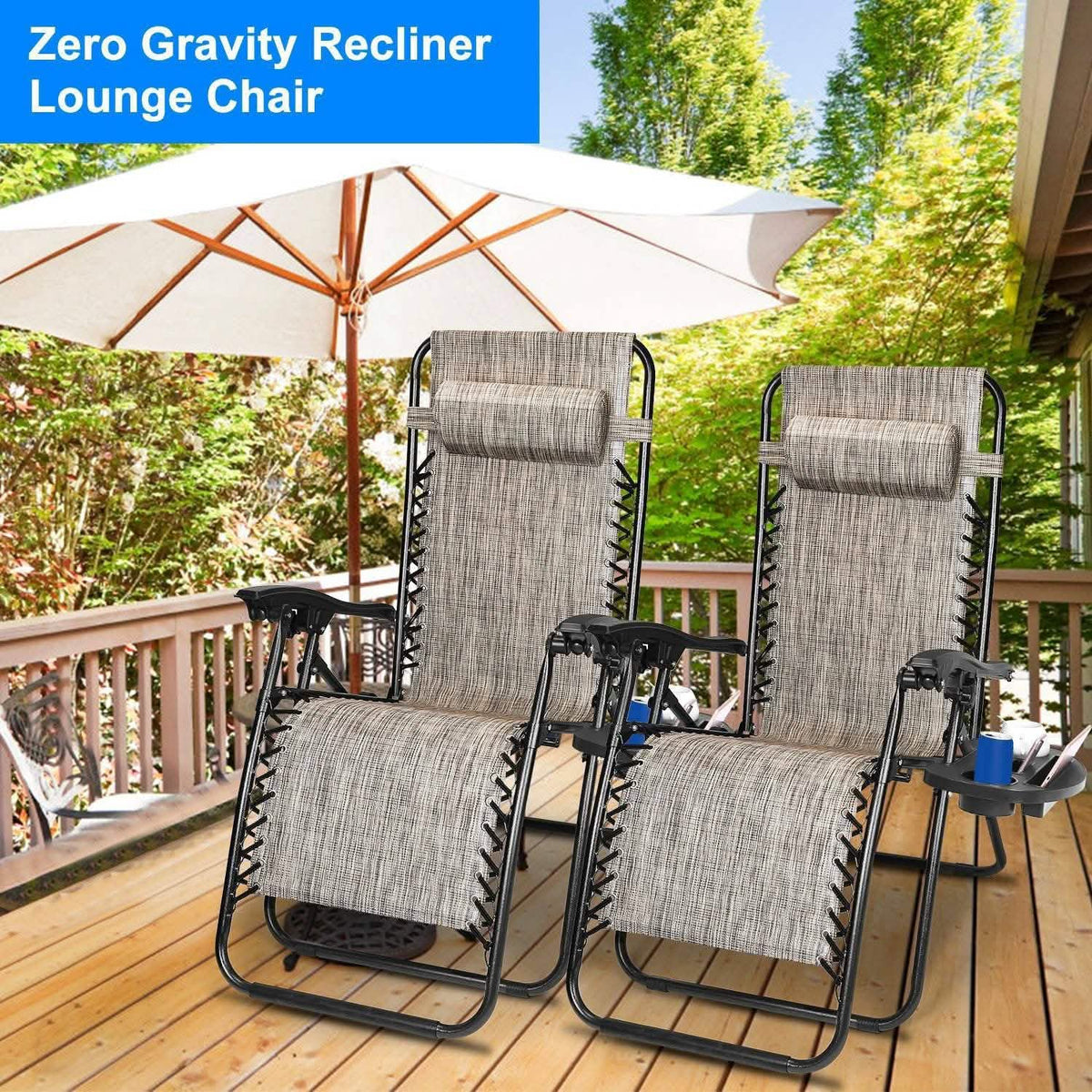 2-Pack: Foldable Zero Gravity Lounge Chair with Dual Side Tray