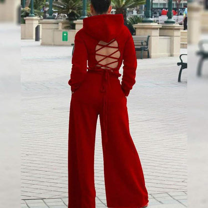 2-Piece: Drawstring Open Back Loose Trouser Legs Suit