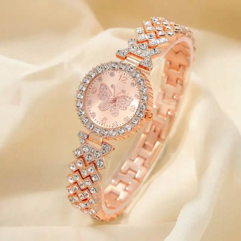 2-Piece Set: Butterfly Quartz Stainless Steel Band Wrist Watch and Bracelet