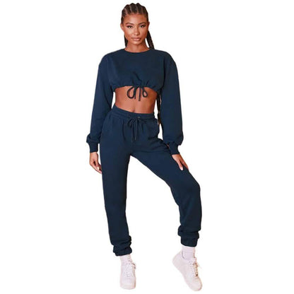 2-Piece Set: Drawstring Short Top Hooded Tops Sweatshirt Pants Set