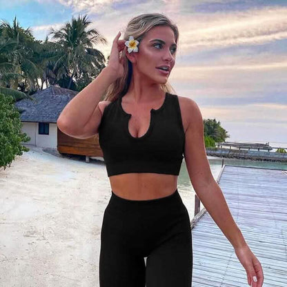 2-Piece Set: Ribbed Seamless Crop Tank High Waist Yoga Leggings
