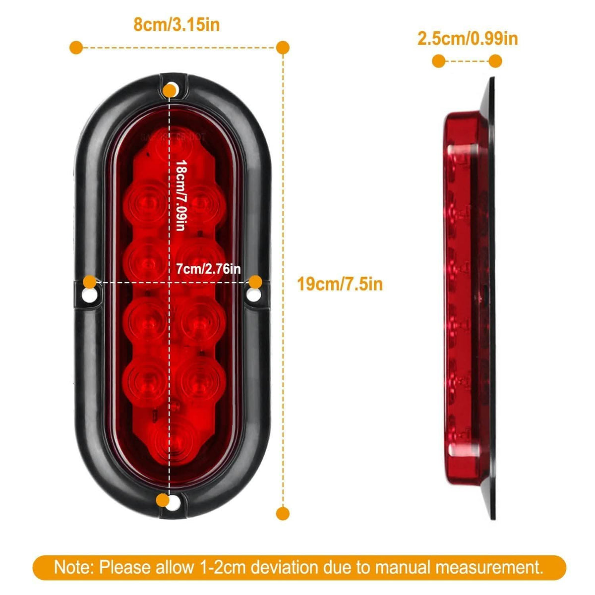 2-Pieces: Oval LED Brake Light 10 LED Lamp Stop Turn Tail Light