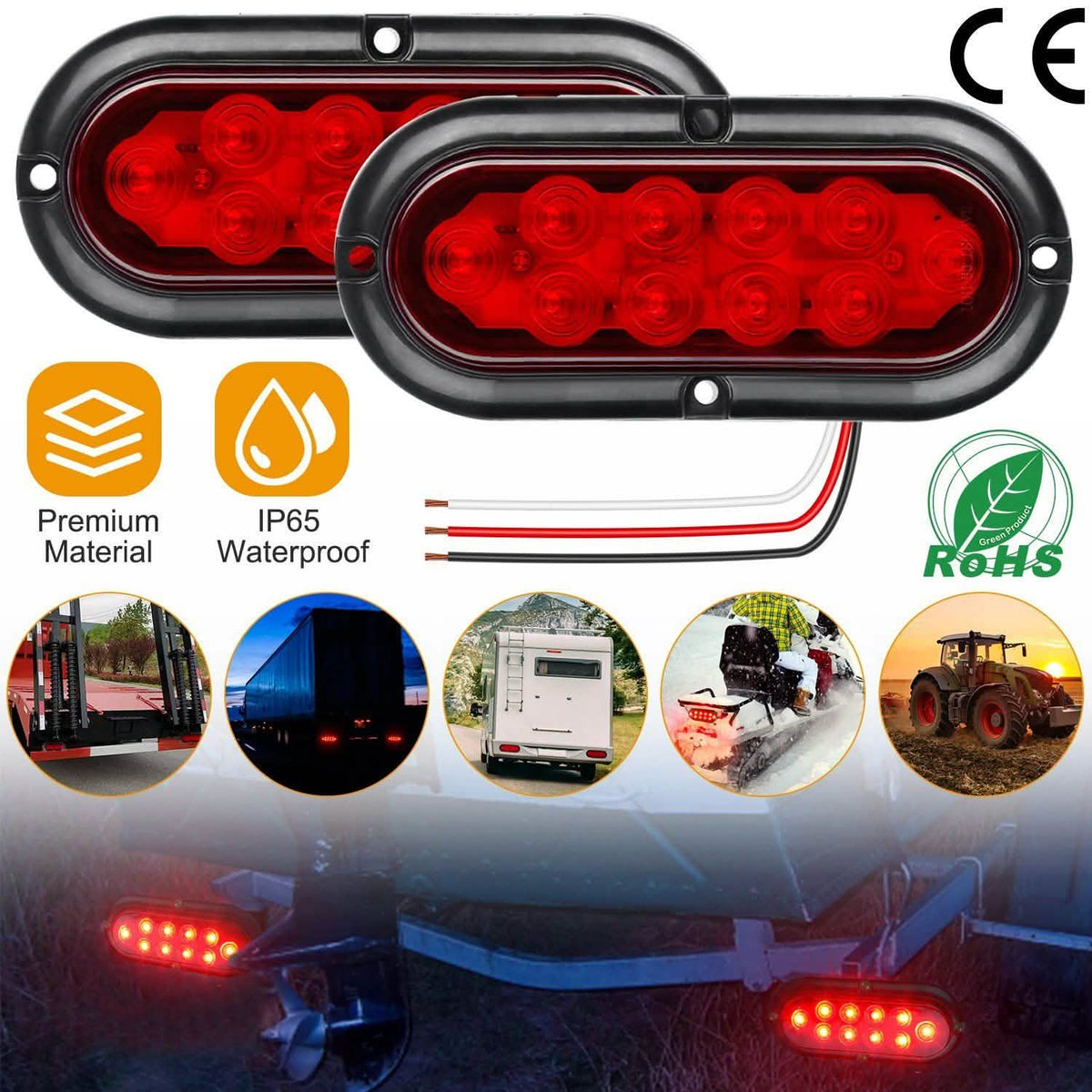 2-Pieces: Oval LED Brake Light 10 LED Lamp Stop Turn Tail Light