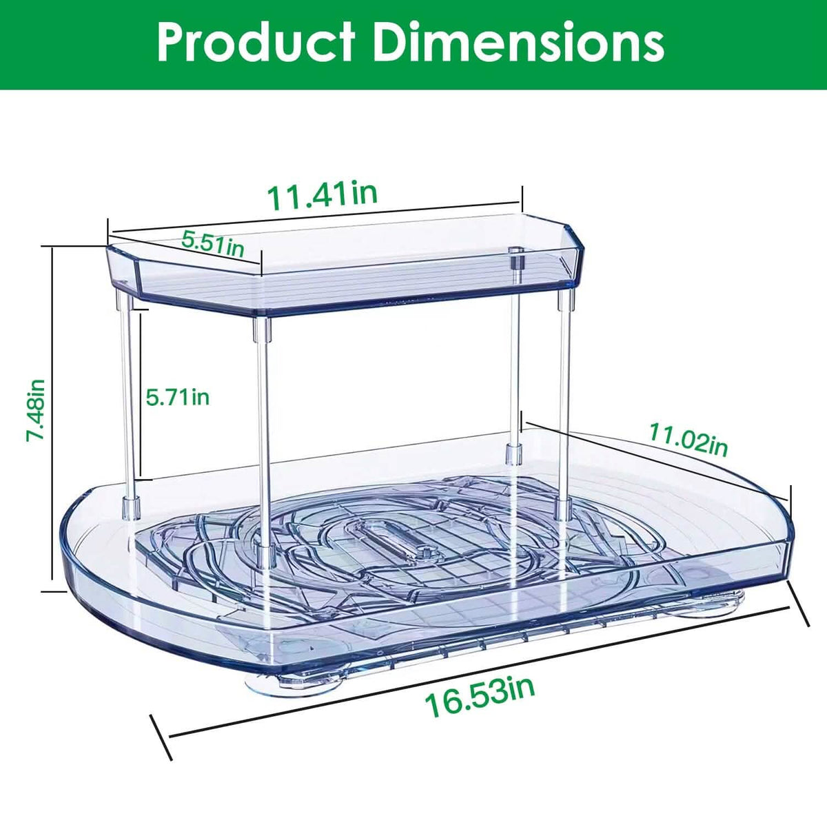2-Tier Turntable Organizer Rectangular Refrigerator Spinner Storage Rack with 360° Rotatable Slide Rail