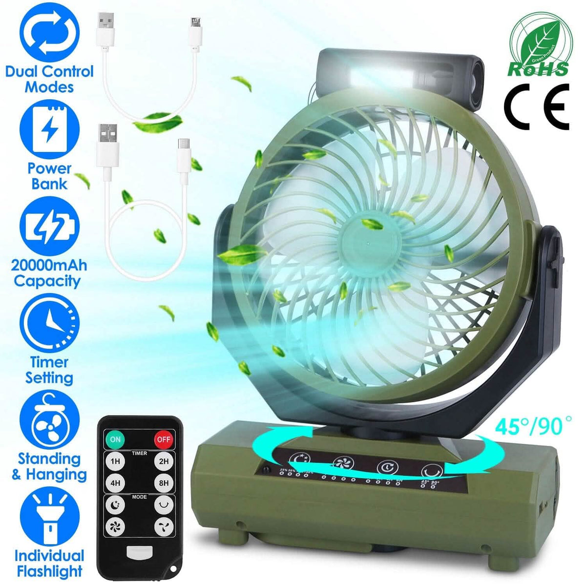 20000mAh Rechargeable Oscillating Camping Fan with Flashlight Hanging Hook Remote Control
