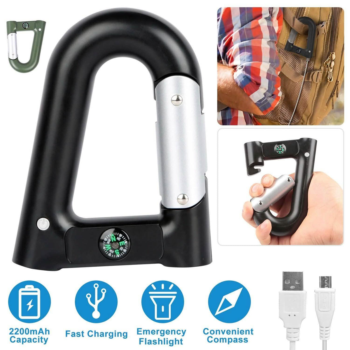 2200 mAh Powerbank with Emergency Flashlight Compass Carabiner-Shaped