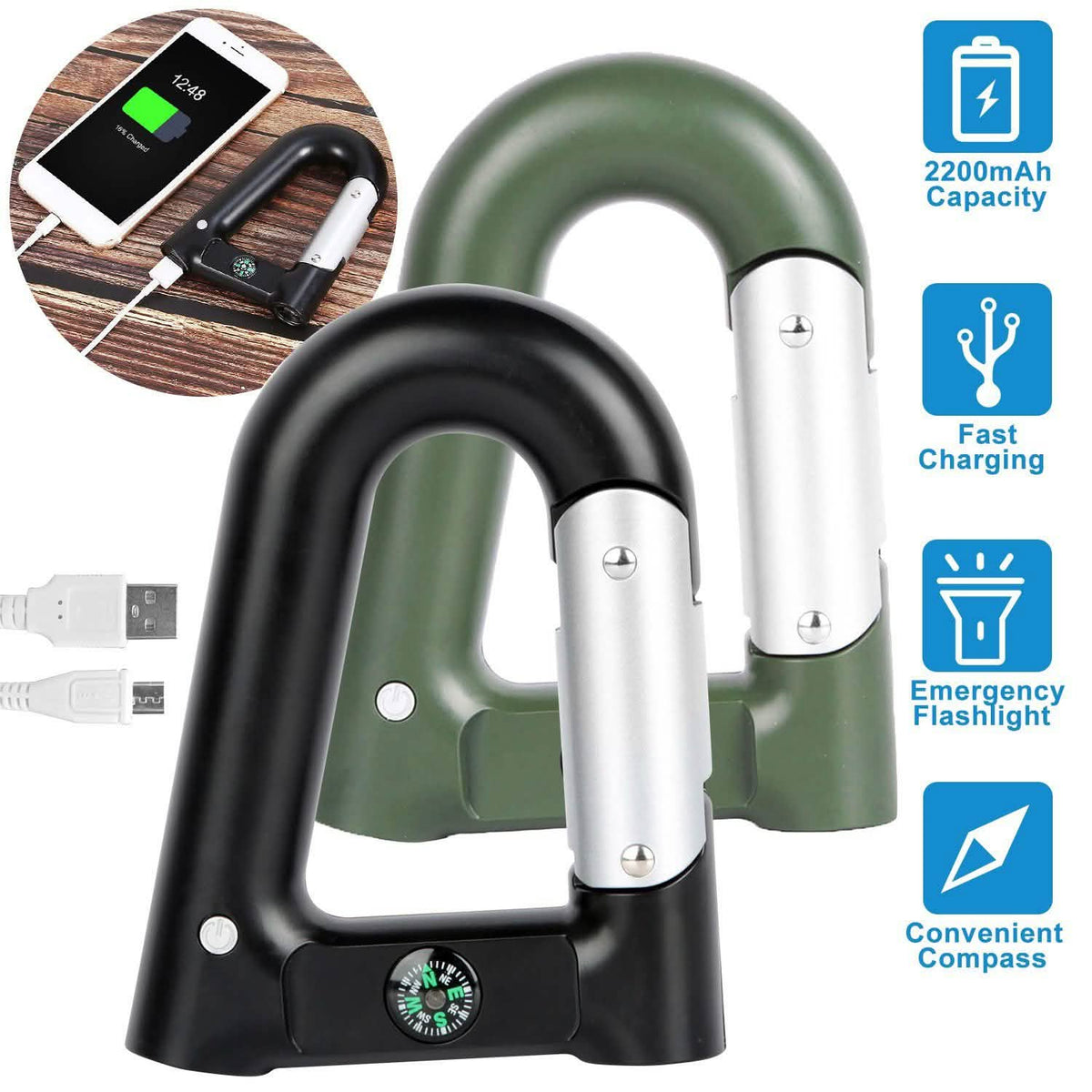 2200 mAh Powerbank with Emergency Flashlight Compass Carabiner-Shaped