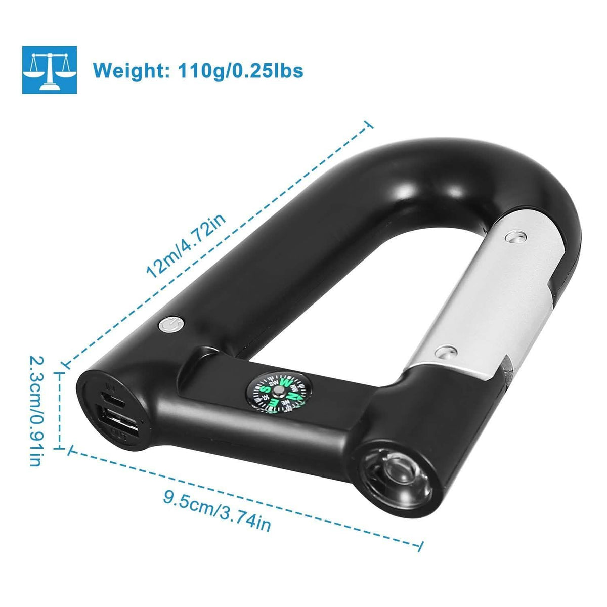 2200 mAh Powerbank with Emergency Flashlight Compass Carabiner-Shaped
