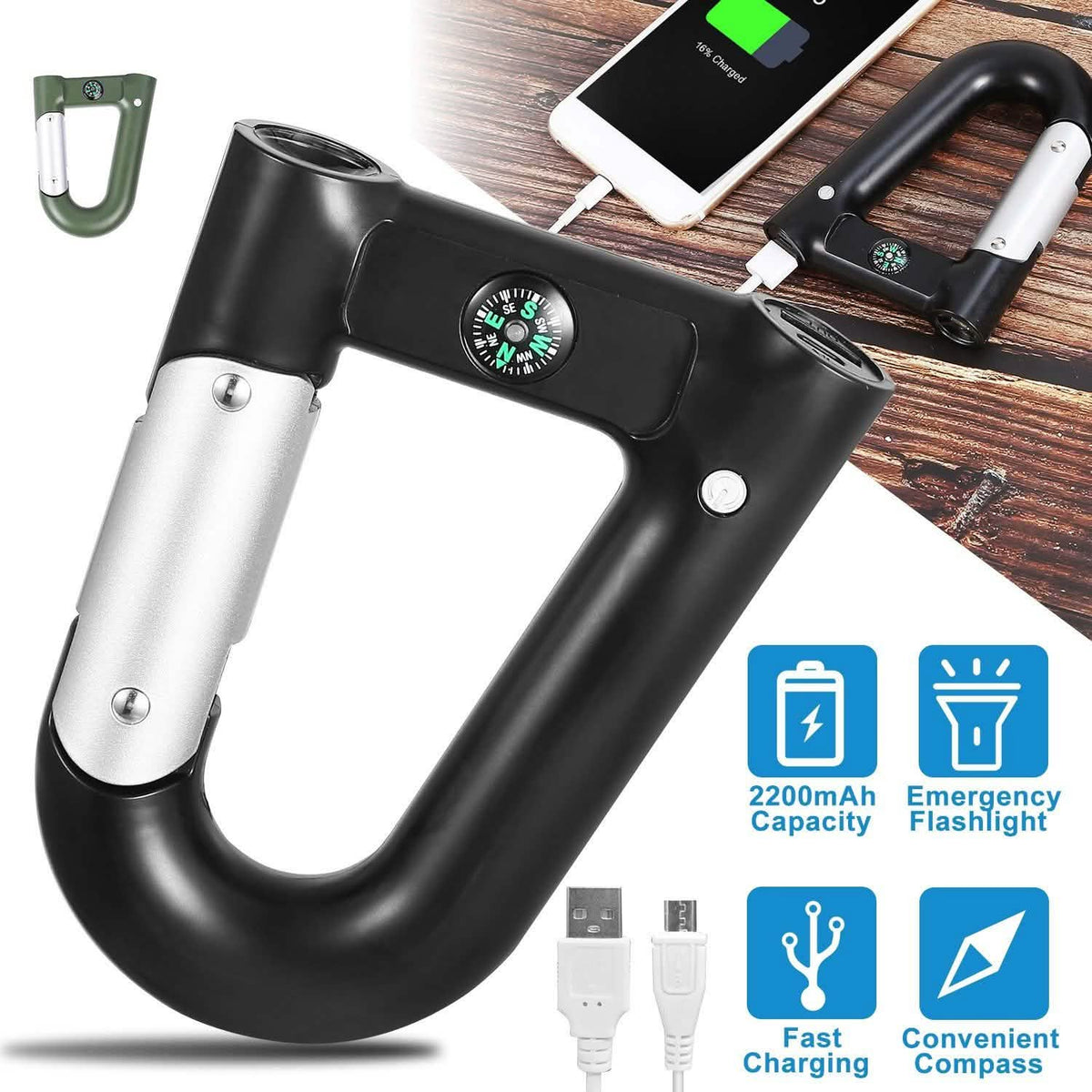 2200 mAh Powerbank with Emergency Flashlight Compass Carabiner-Shaped