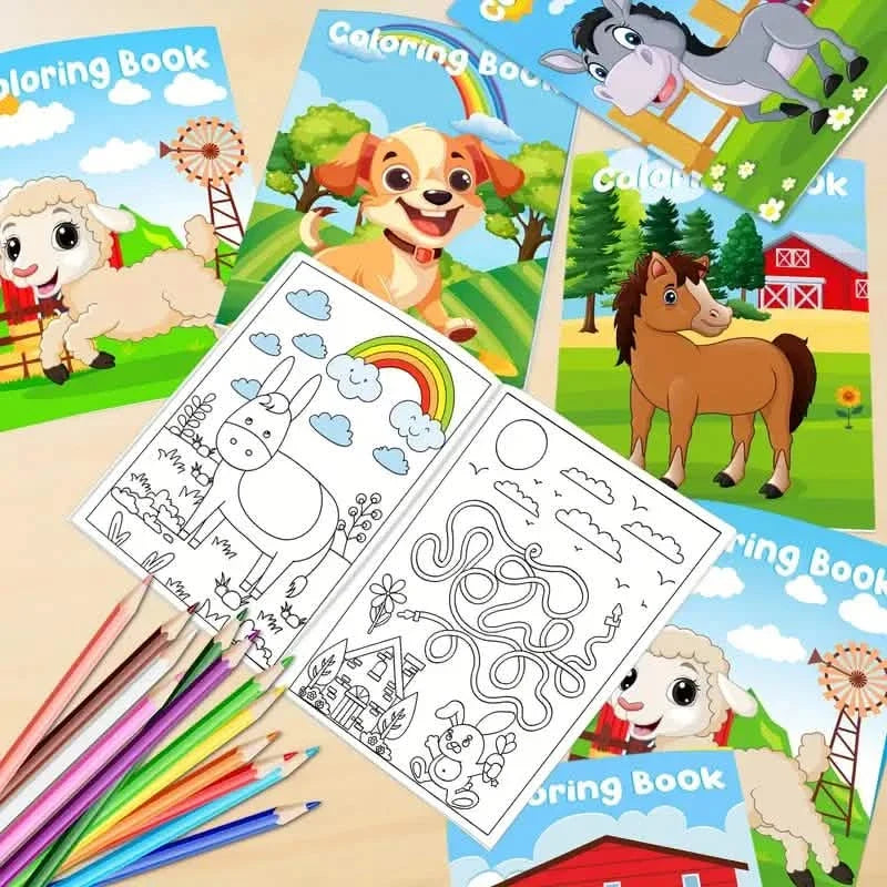 24-Pieces: Mini Coloring Books with 24 Stacking Crayons, Farm Themed