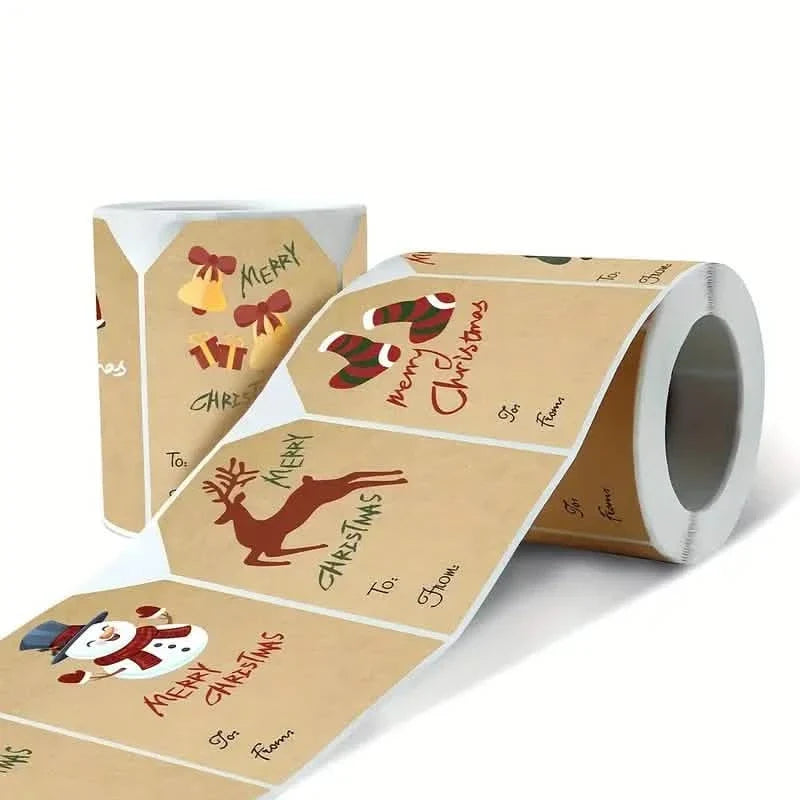 250 Pieces/Roll Christmas Stickers - 2x3 Kraft Paper Tree Socks Snowman Elk Merry Christmas