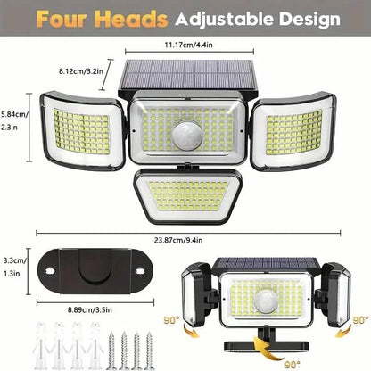 278LEDs 3000LM Motion Sensor 6500K Solar Powered, 4 Heads Security Flood, 300° Wide Angle Wall With 3 Modes