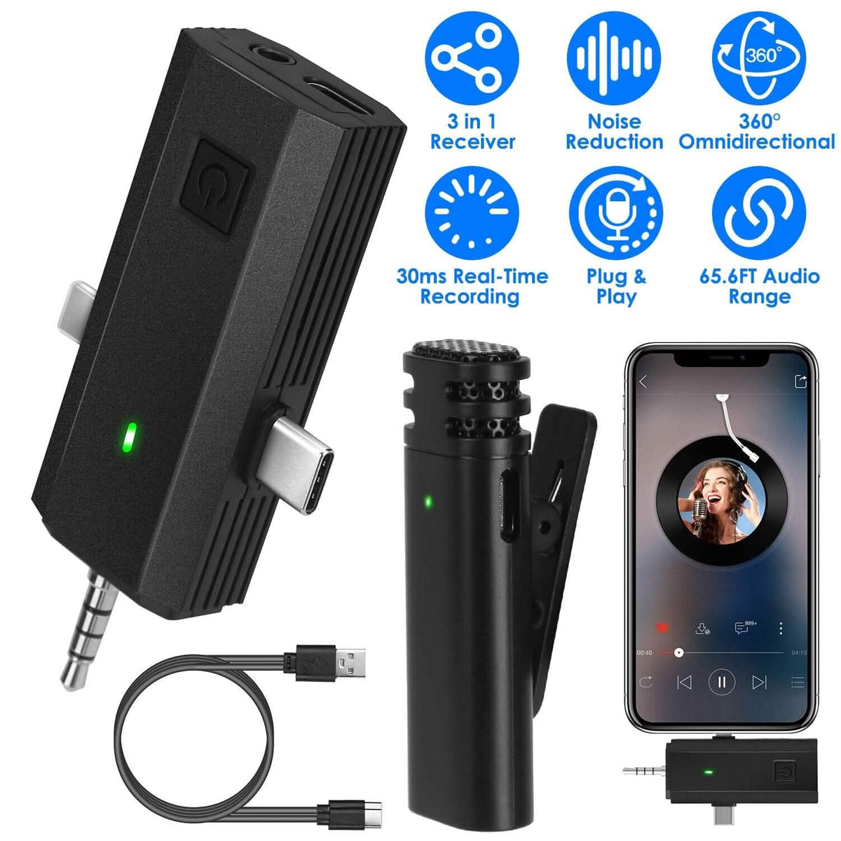 3-in-1 Wireless Clip On Microphone Omnidirectional Noise Reduction Plug