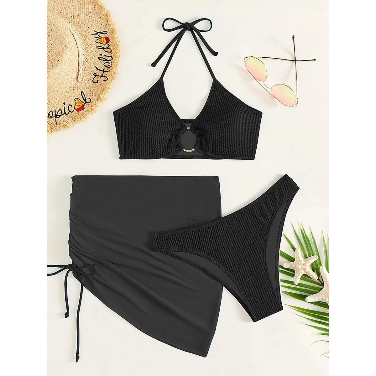 3-Pack: Textured Ring Linked Halter Bikini Swimsuit & Beach Skirt