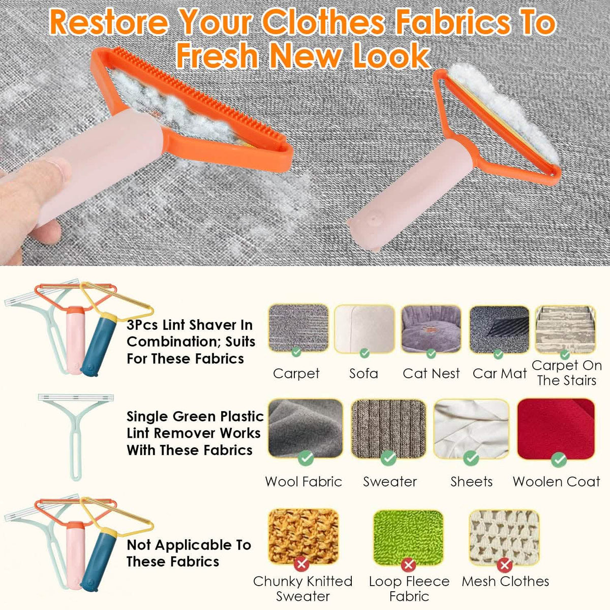 3-Piece: Portable Reusable Double Side Lint Remover