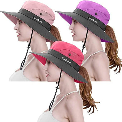 3-Piece: Women's Ponytail Wide Brim Sun Hat