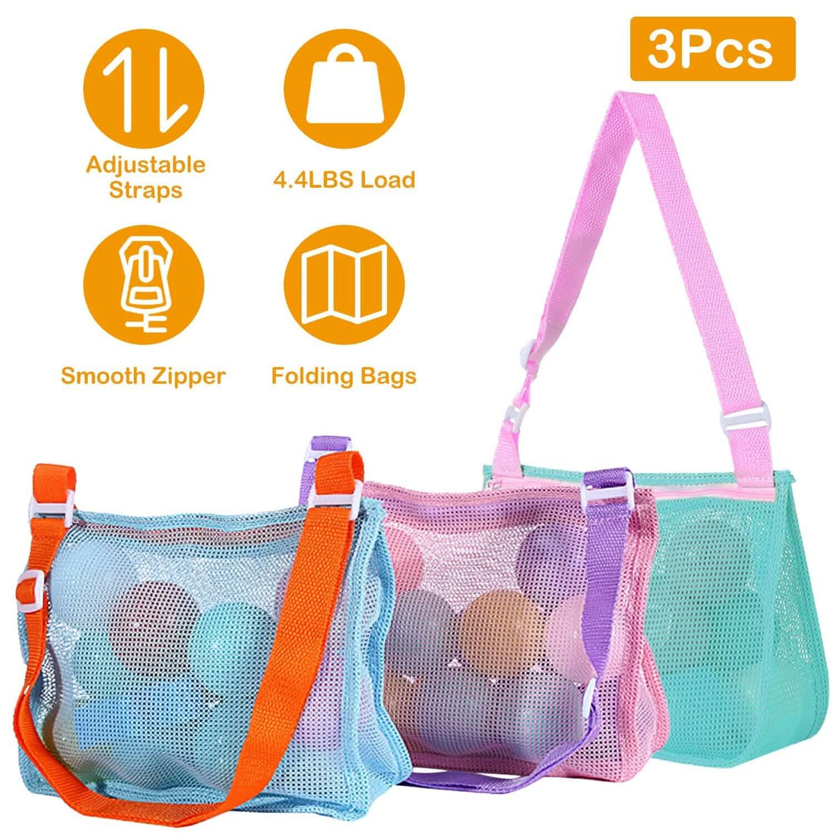 3-Pieces: Beach Mesh Bags Seashell Sand Tote Bag