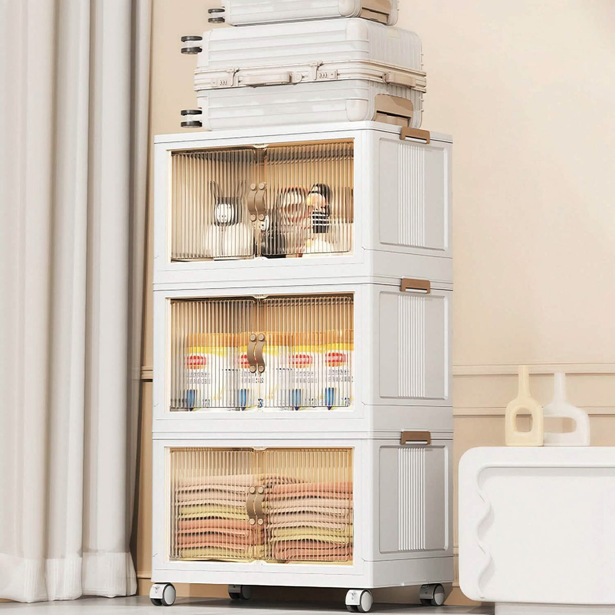 3-Pieces: Foldable Storage Bins with Lid Front Magnetic Door Collapsible Stackable Closet Organizer