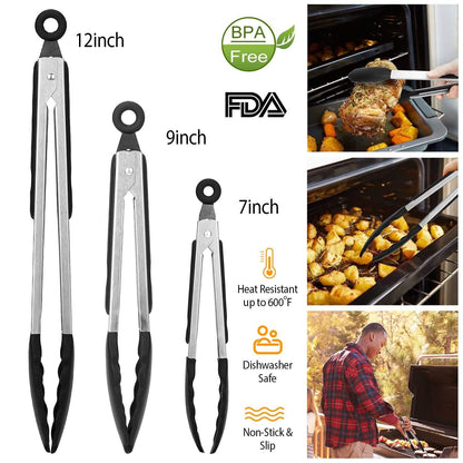 3-Pieces: Kitchen Tongs Stainless Steel with Silicon
