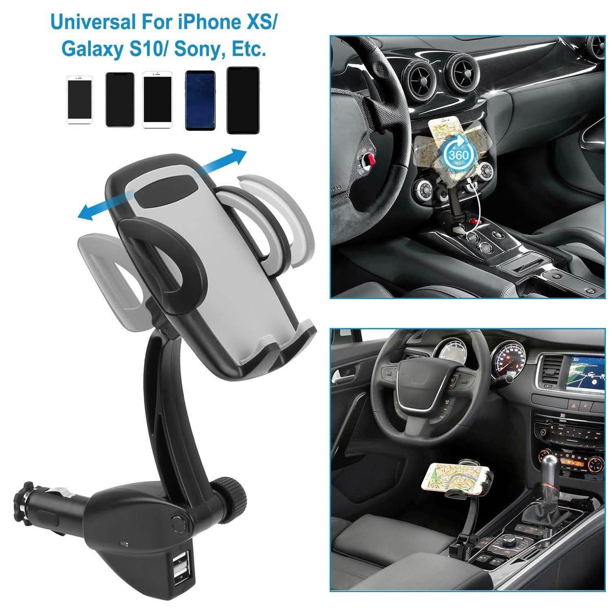 360° Dual USB Smartphone Mounting Car Charger