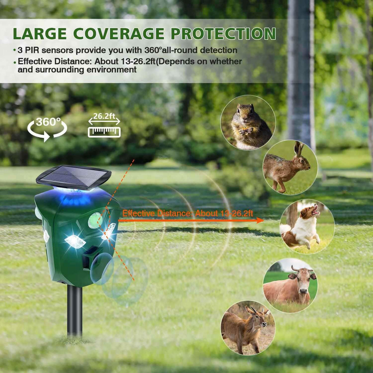 360° Electric Solar Powered Ultrasonic Repeller with Motion Sensor LED Flashing Lights