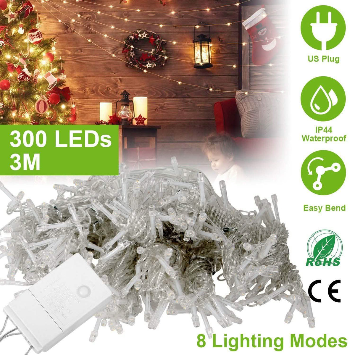 3M 300 LEDs String Curtain Light with Remote