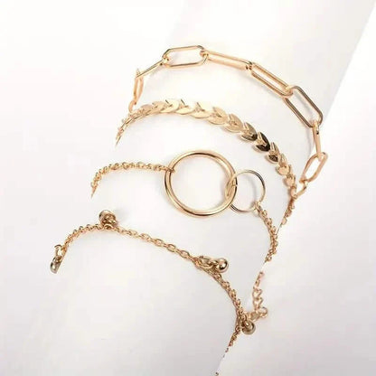 4-Pieces: Vintage Leaf Pendant Hand Chain Bracelet Set For Women