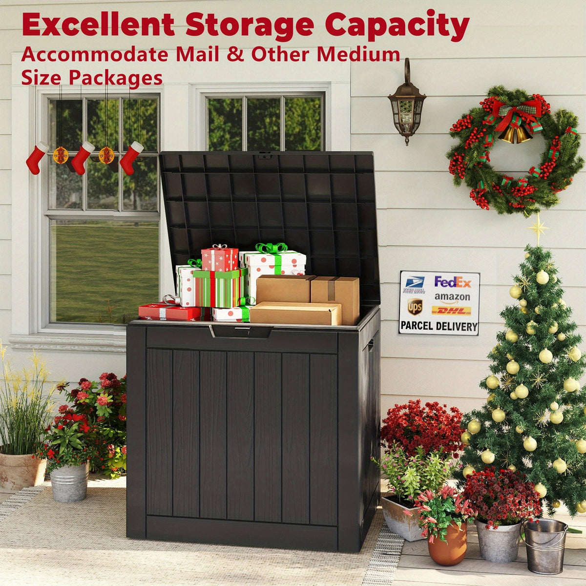 35 Gallon Outdoor Resin Storage Box – Black/Wood Grain