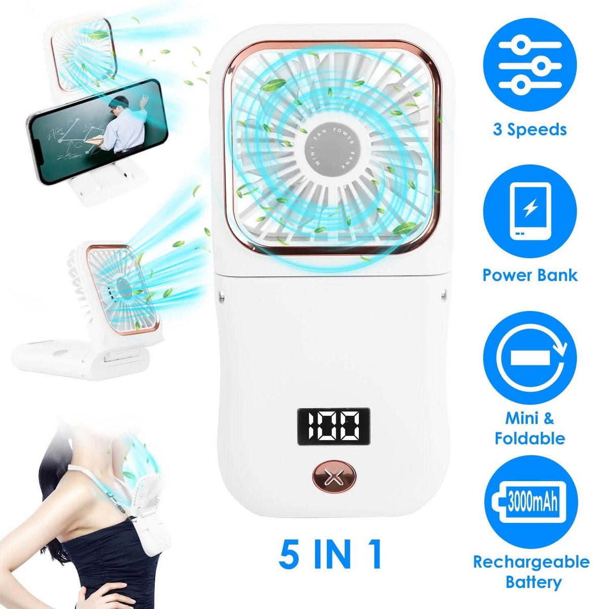 5-in-1 Folding Rechargeable Hands Free Mini Fan
