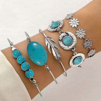 5-Piece Set: Retro Turquoise Inlaid Bracelet