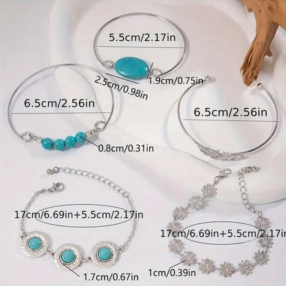 5-Piece Set: Retro Turquoise Inlaid Bracelet
