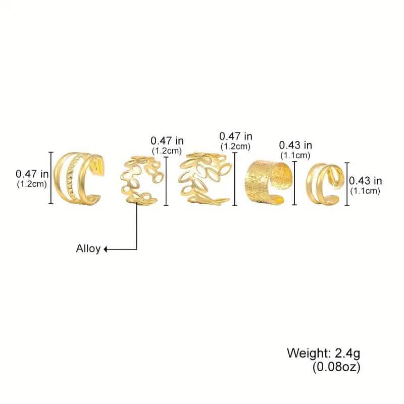 5-Pieces: Leaf Cutout Ear Clips - Gold or Silver