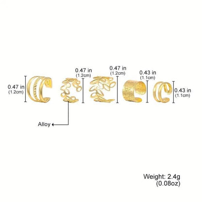 5-Pieces: Leaf Cutout Ear Clips - Gold or Silver